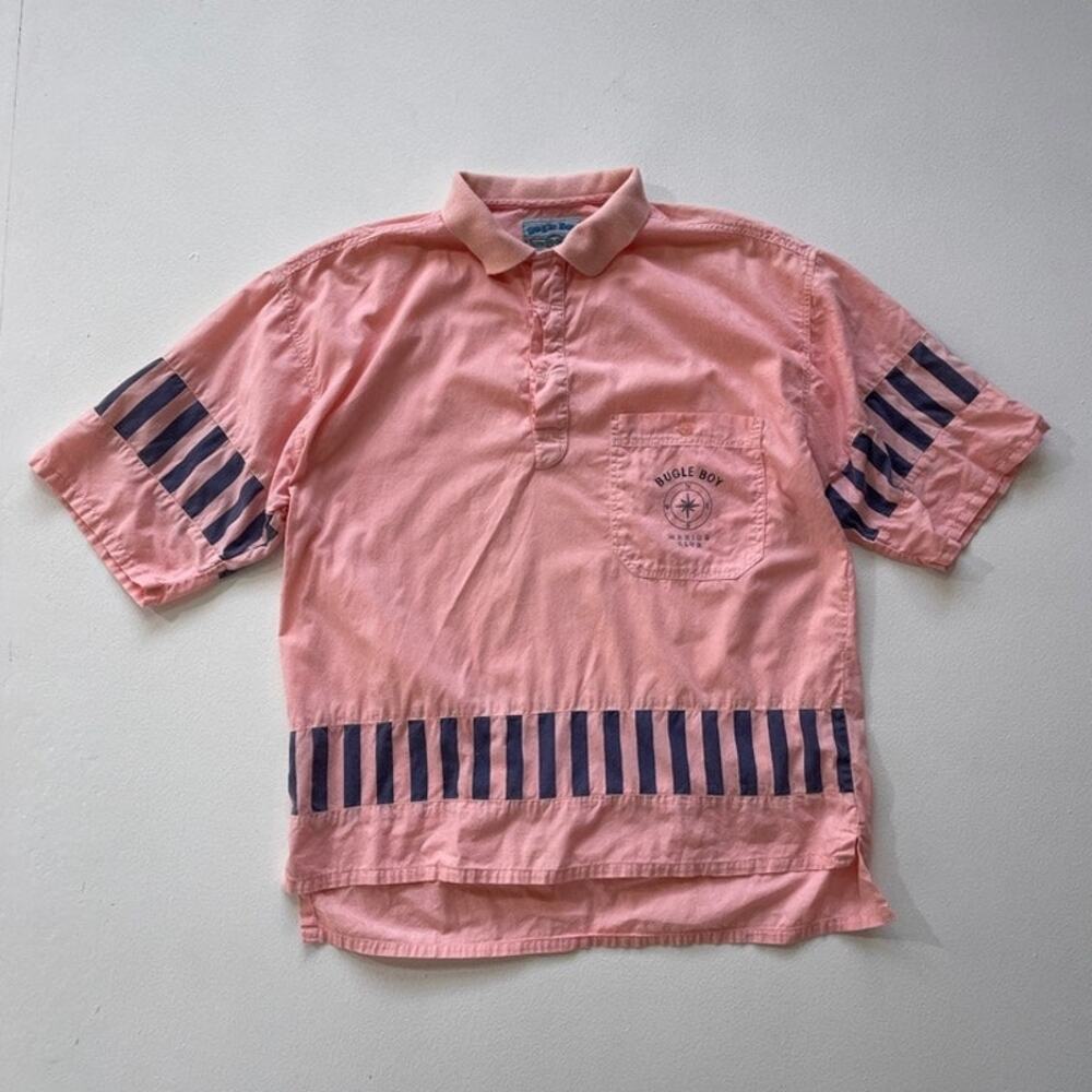 Vintage 80s Bugle Boy Pink Mens Shirt Sz M Henley Pocket Casual Striped